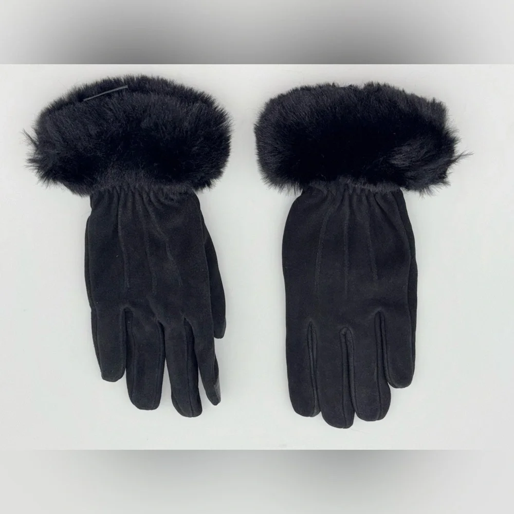 NEW Deer Suede Leather‎ Driving Gloves Skin Faux Fur Cuff Black Touchscreen Wool